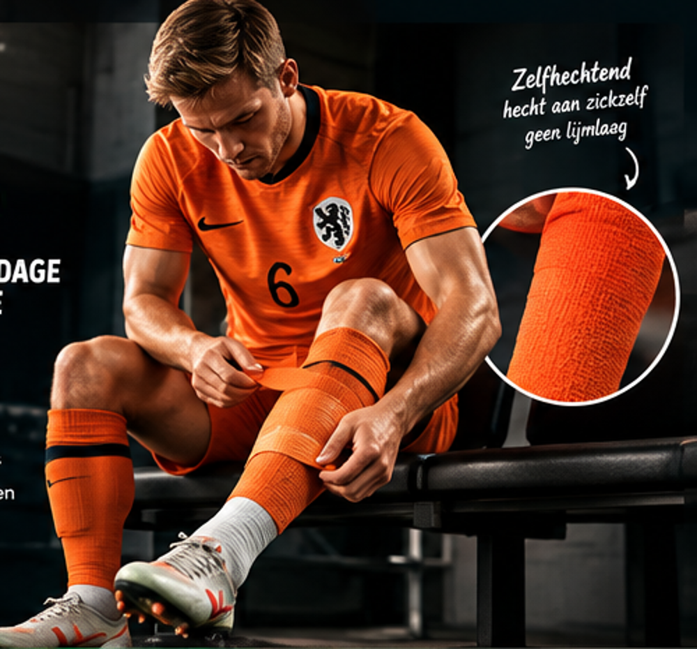 Voetballer met oranje Premier ProWrap over een oranje sportkous, passend bij de kleurregel